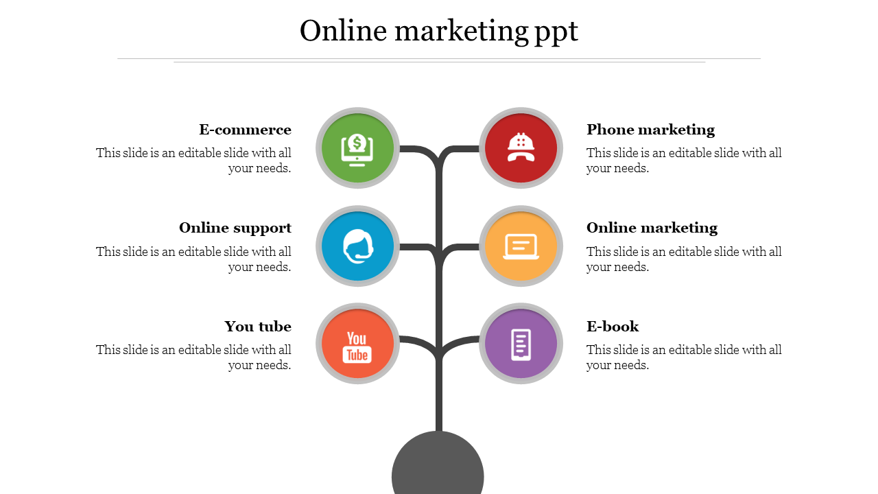 Online marketing slide featuring a tree diagram with six key elements and color coded icons with placeholder text.