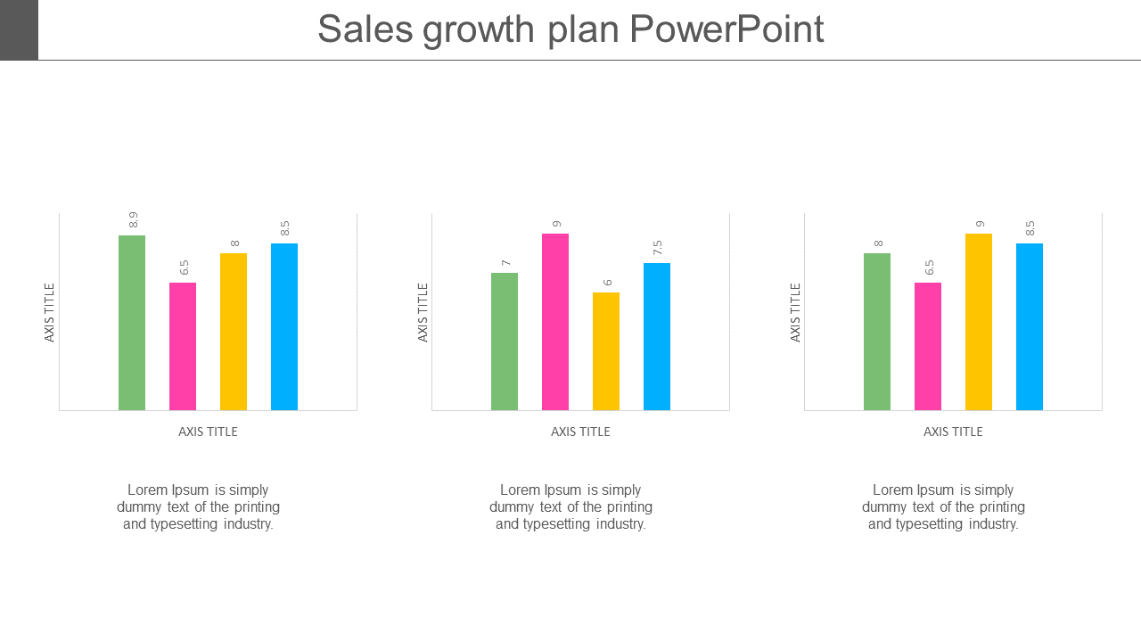 Slide with three charts, each having four bars in green, pink, yellow, and blue, with text below.