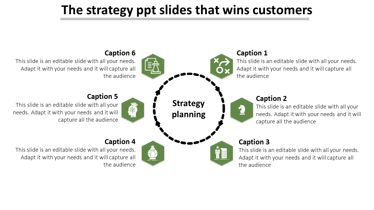 Strategy slide featuring a central circle and six green hexagons with icons, connected to captions around it.