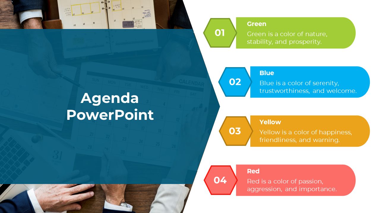 Agenda slide with four numbered sections in green, blue, yellow, and red, next to a blue overlay section.