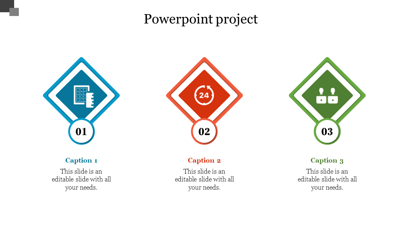 Three diamond shaped elements in blue, red, and green, each with icon and caption, illustrating project presentation.