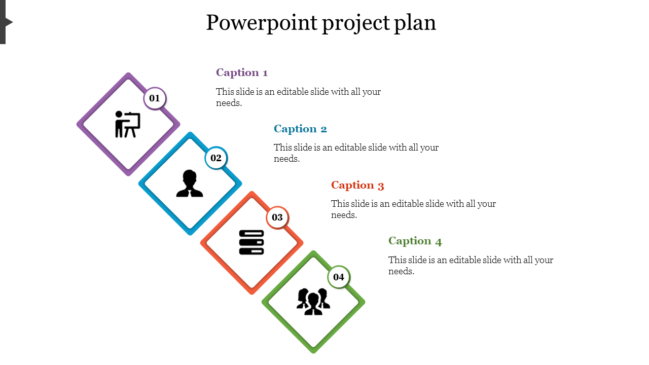 Infographic with purple, blue, orange, and green diamonds with icon and caption for project planning, aligned diagonally.