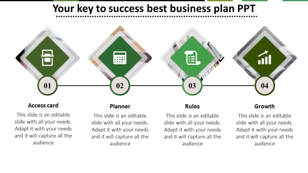 Business plan four green diamond-shaped icons with symbols for access card, planner, rules, and growth, linked sequentially.