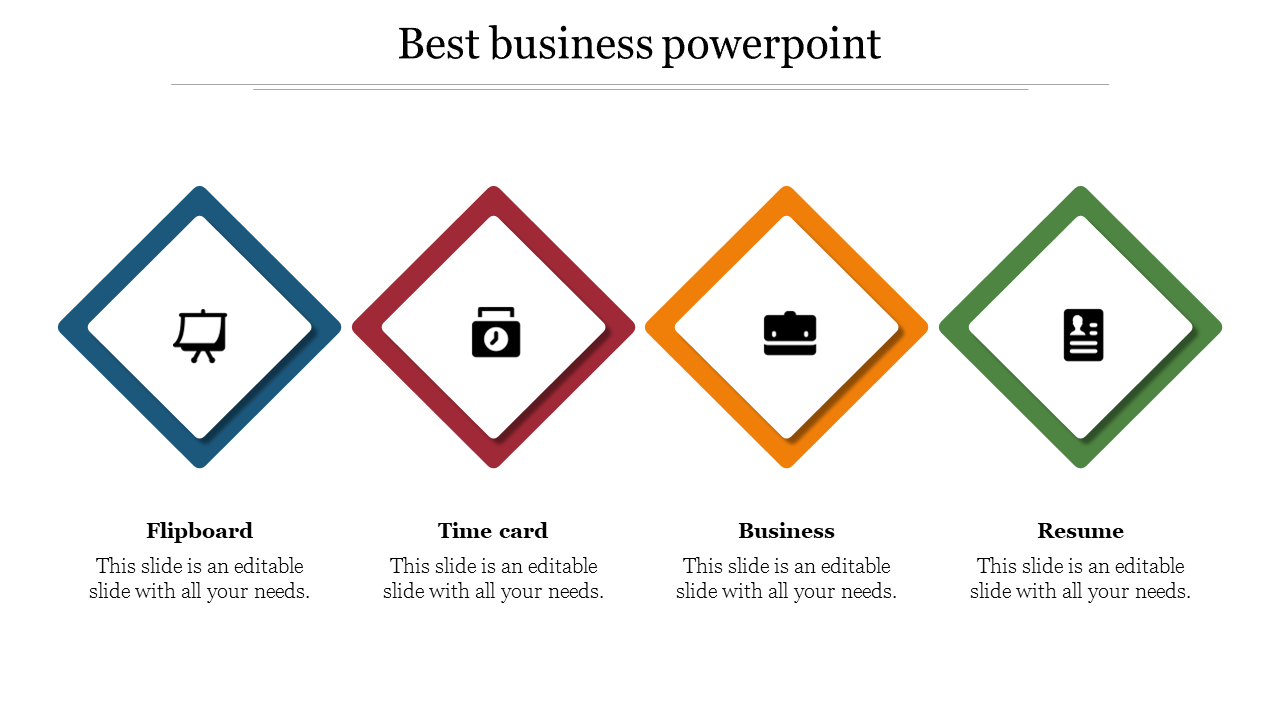 Business featuring four diamond-shaped sections with icons for flipboard, time card, business, and resume in distinct colors.