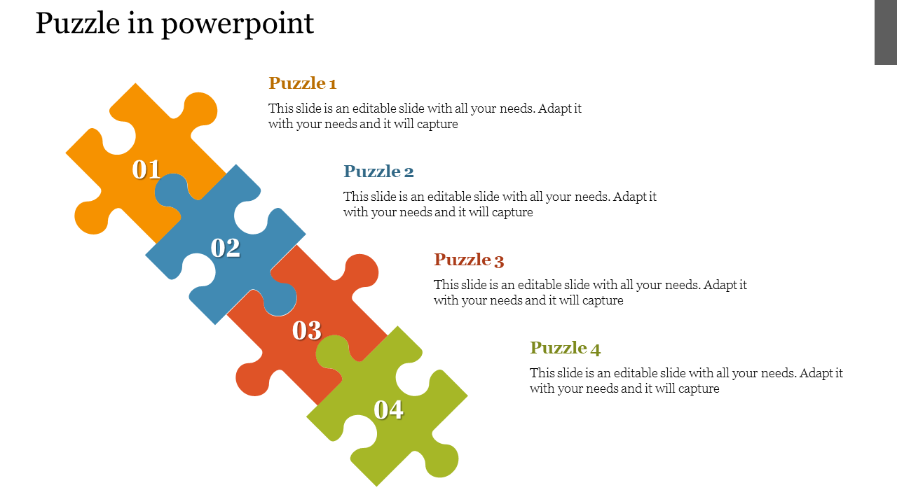 Puzzle themed slide with four colorful interlocking pieces arranged diagonally, each labeled with a number and description.