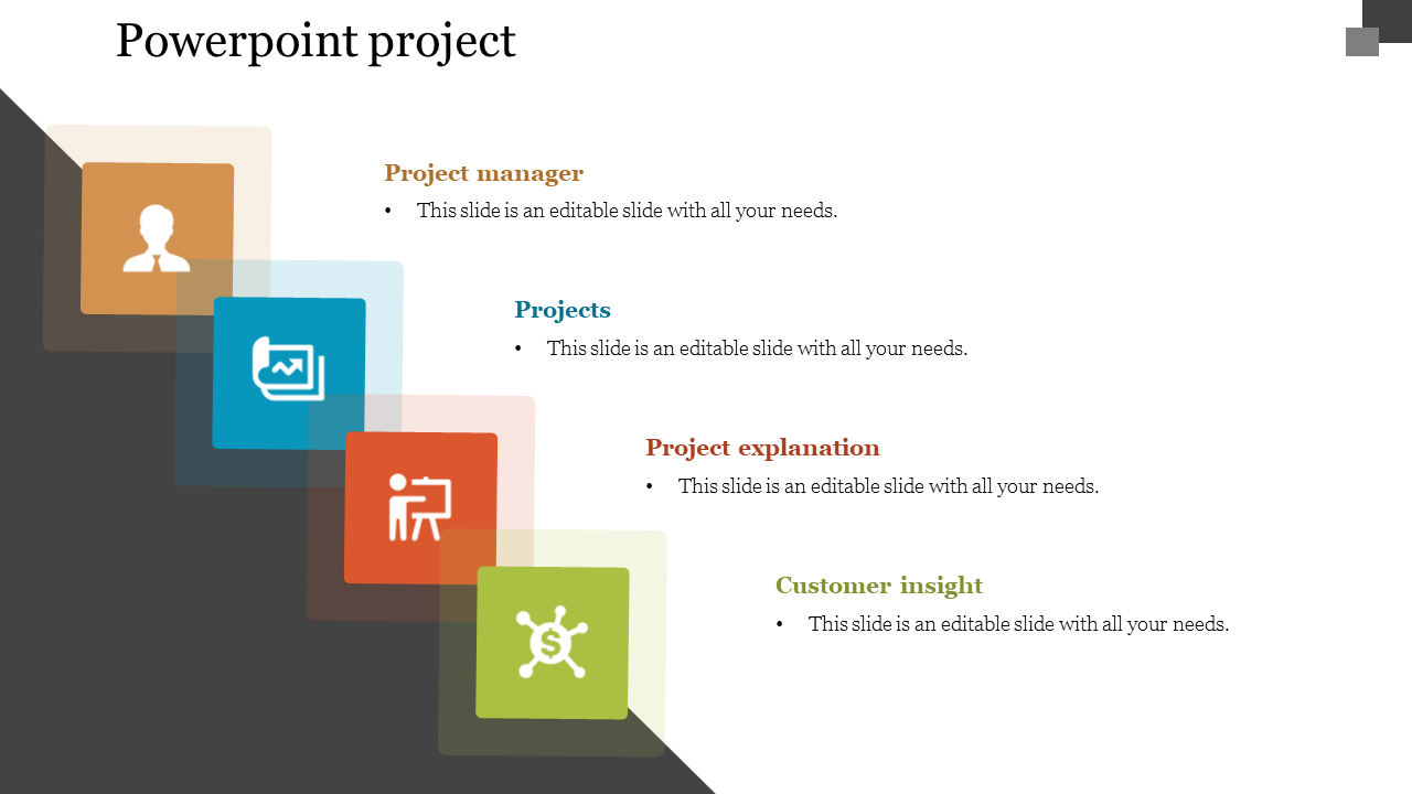 Project overview slide with square icons for topics  paired with descriptive placeholder text areas.