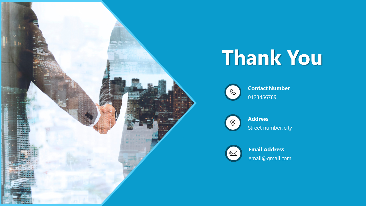 Thank you slide with a handshake image blended with a cityscape and contact details on a blue background on the right.