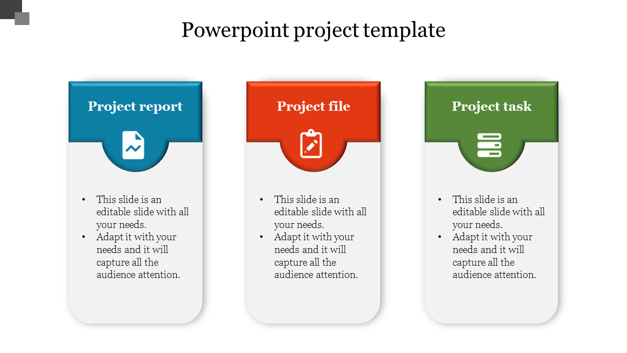 Slide layout with three colored sections, each highlighting project elements: report, file, and task, with relevant icons.