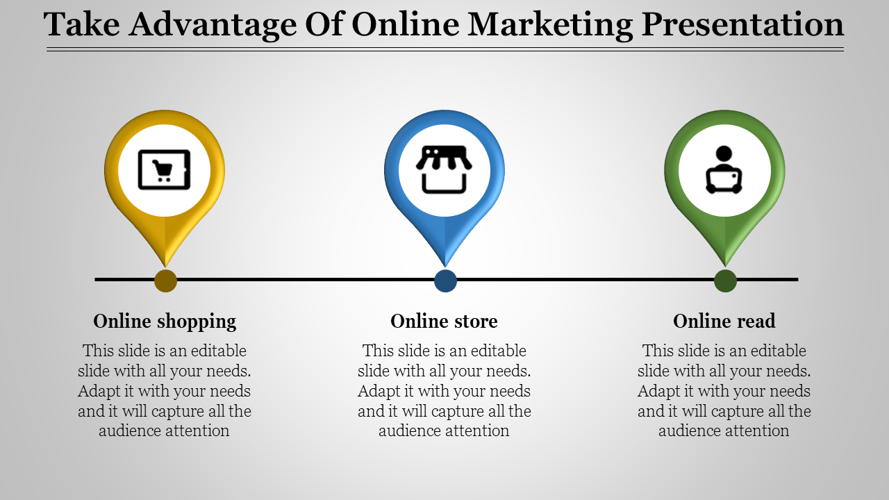 A timeline PPT slide showcasing three stages Online Shopping, Online Store, and Online Read, with colorful map pin icons.