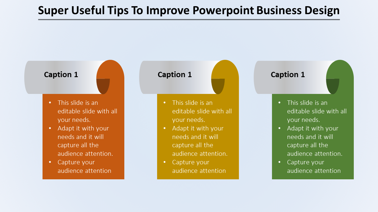 Business slide with three colorful, curved rectangles in orange, yellow, and green, each containing caption and text.