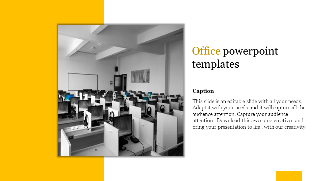 A PowerPoint slide featuring an office setup with computer desks and headsets with a caption.