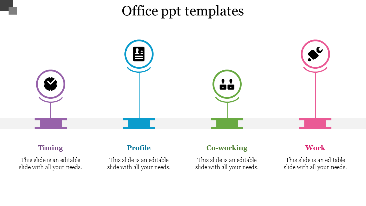 Office template with a horizontal layout of four segments, including icons, each with placeholder text areas.