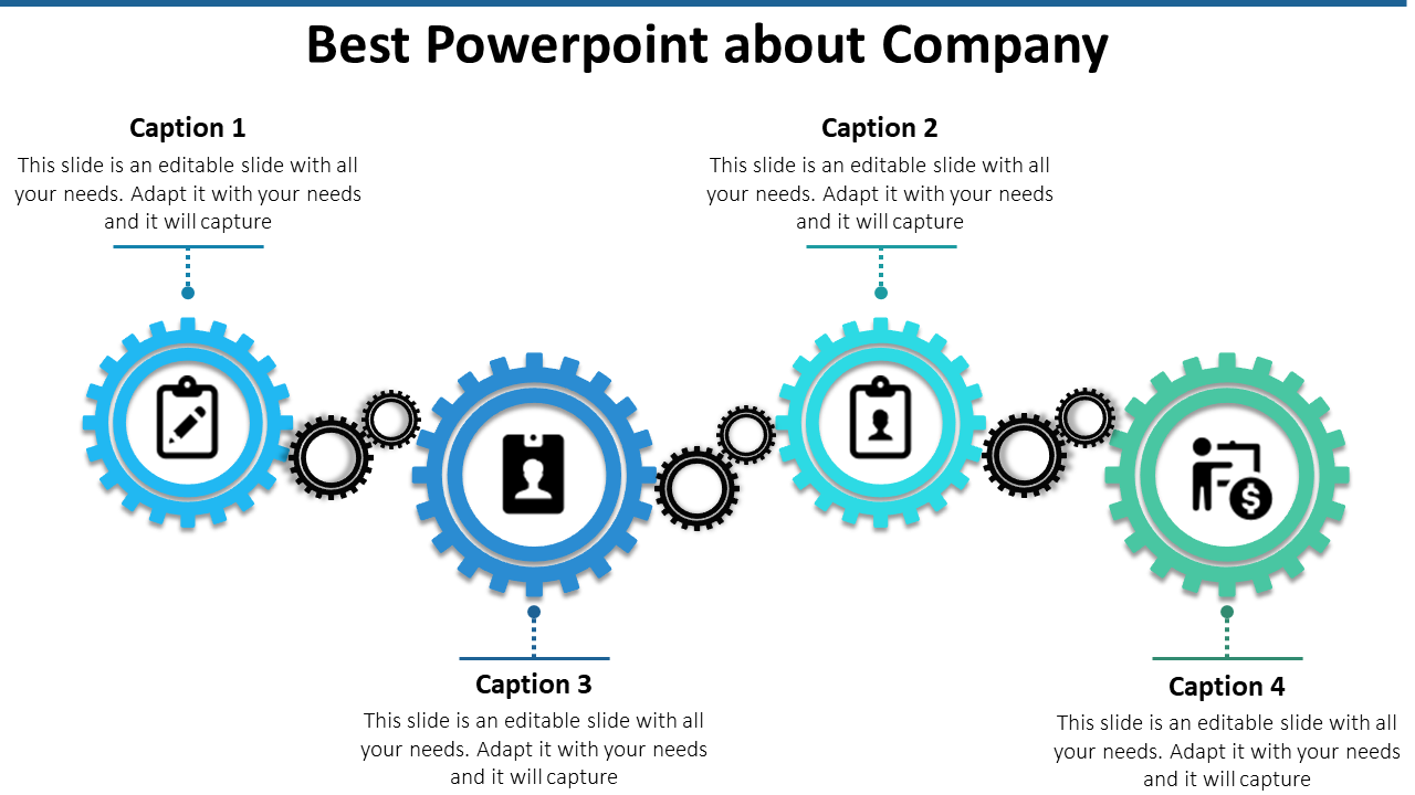 Company slide with four interconnected blue and green gears, each with icons and captions for business topics.