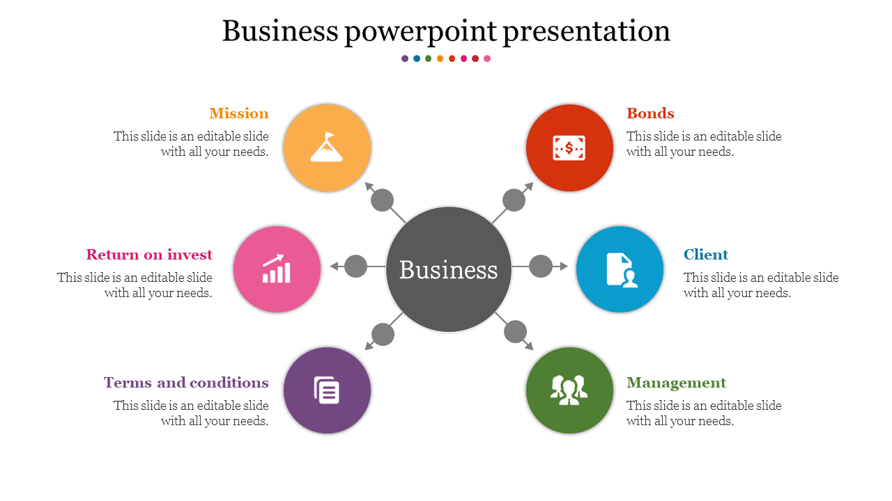 Business diagram with six categories connected to a central node, each represented with unique icons and colors.