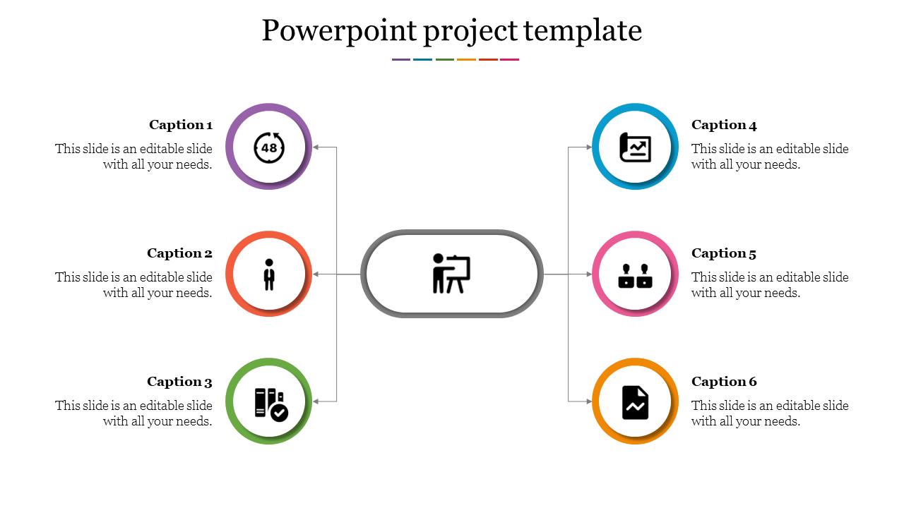 Central project icon, linked to six colored circles with icons, arranged in two columns with captions beside each.