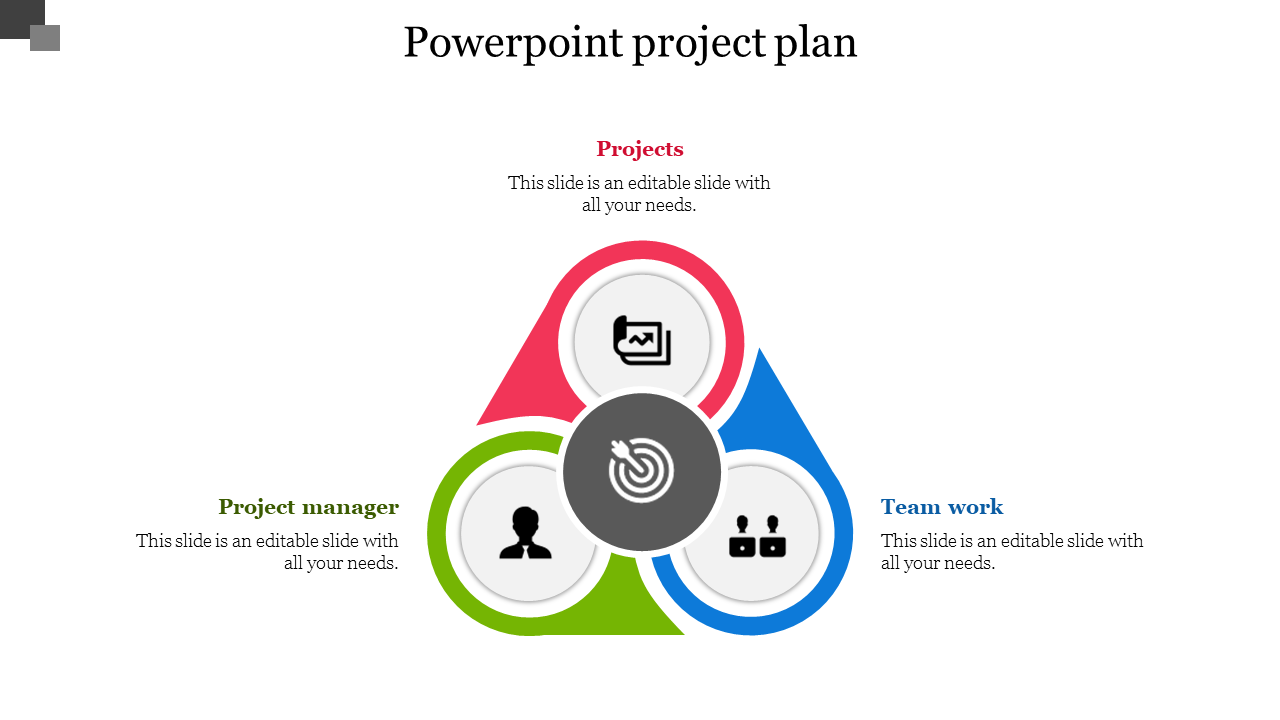 A PowerPoint slide showing three interconnected sections Projects, Project Manager, and Teamwork with icons.