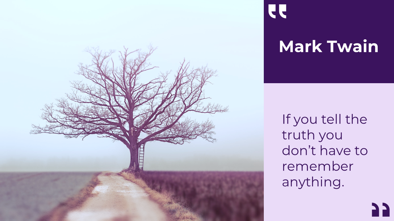 Image of a solitary tree on a dirt path with a quote by Mark Twain on the right in purple text.