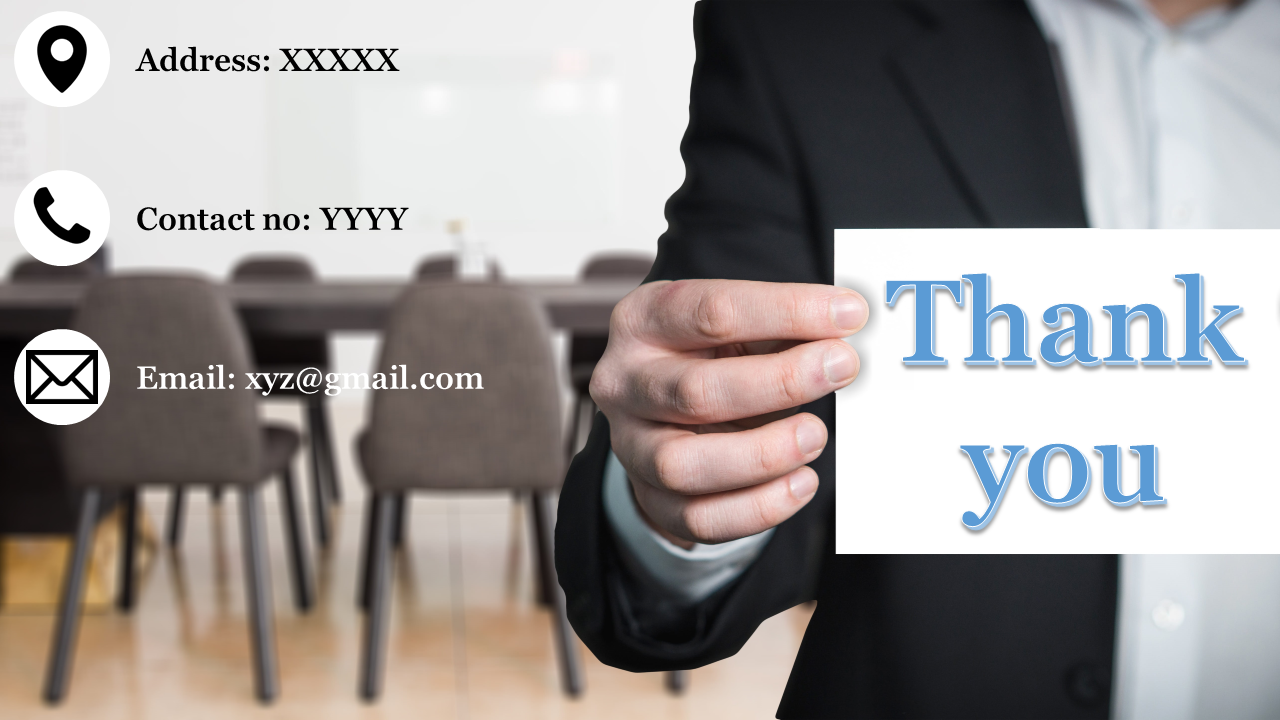 Thank you message with business contact details on a blurred meeting room background and a hand prominently holding a  card.