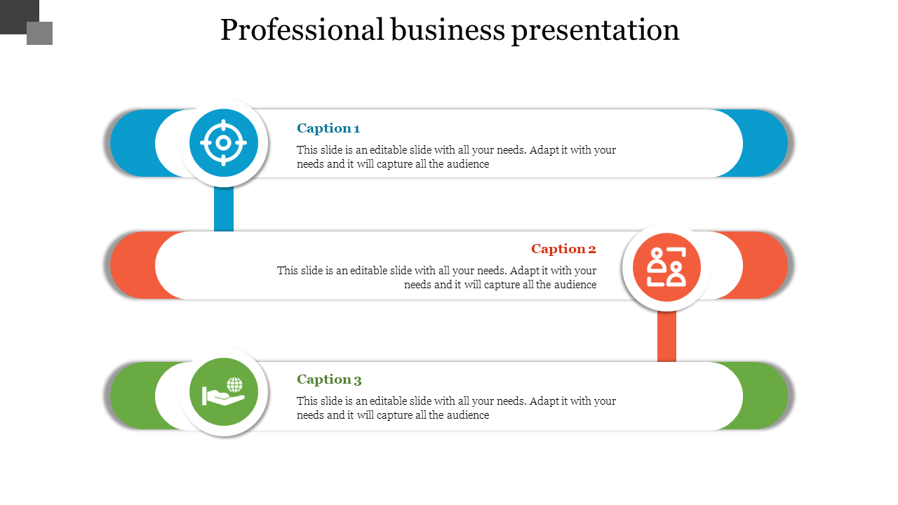 Slide showing three business elements arranged horizontally, with colored segments and icons representing each caption area.