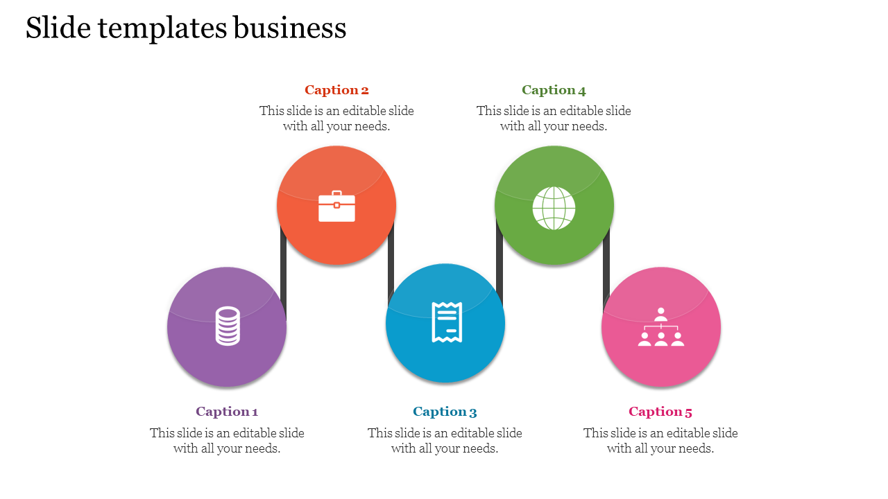 Business template featuring a sequence of connected circles in purple, orange, blue, green, and pink with captions.