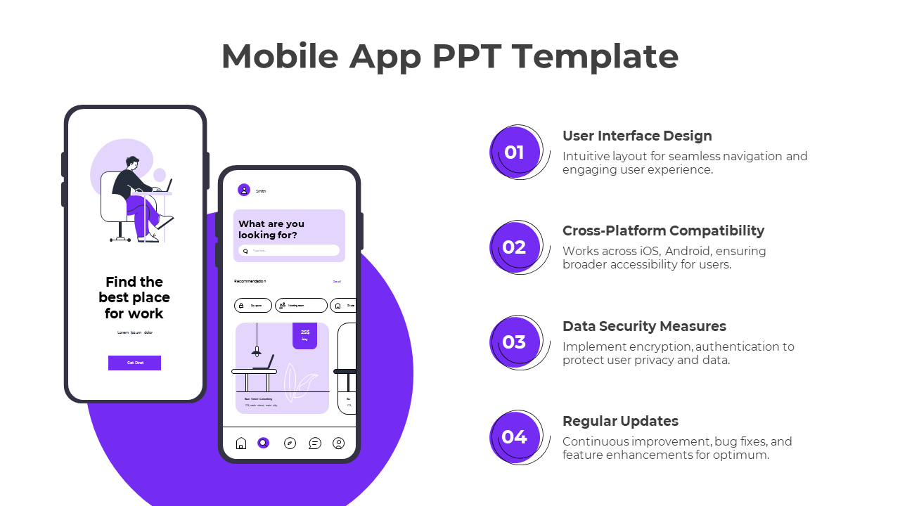 Two smartphone screens with purple themed app designs on the left, paired with four numbered text points on the right.