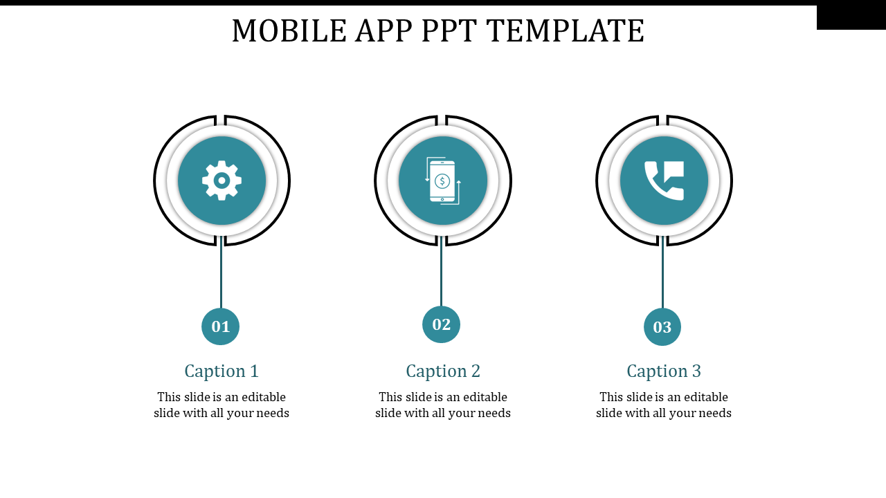 Mobile app template with three circular icons in blue, labeled with captions 01, 02, and 03, connected by lines.