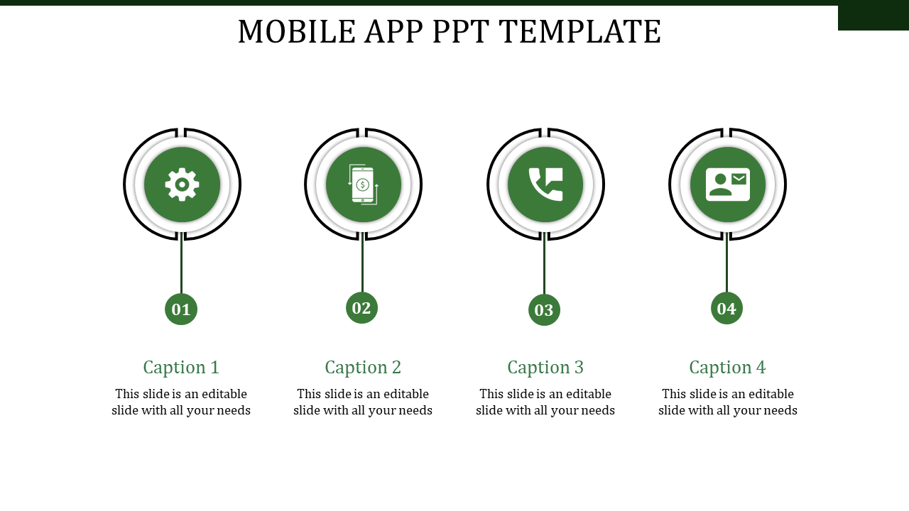 Green themed mobile app PowerPoint template with four icons representing various app features.