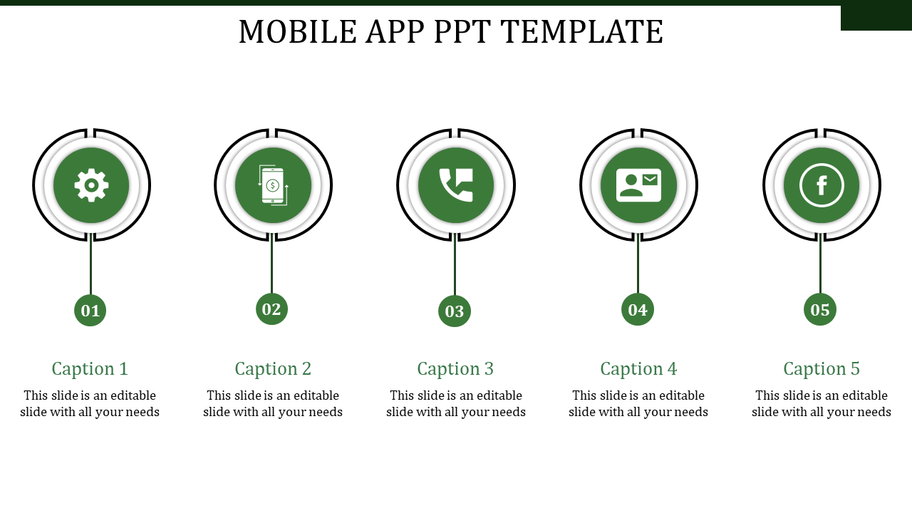 Five green circular icons with white symbols aligned horizontally, connected to captions below by thin lines.