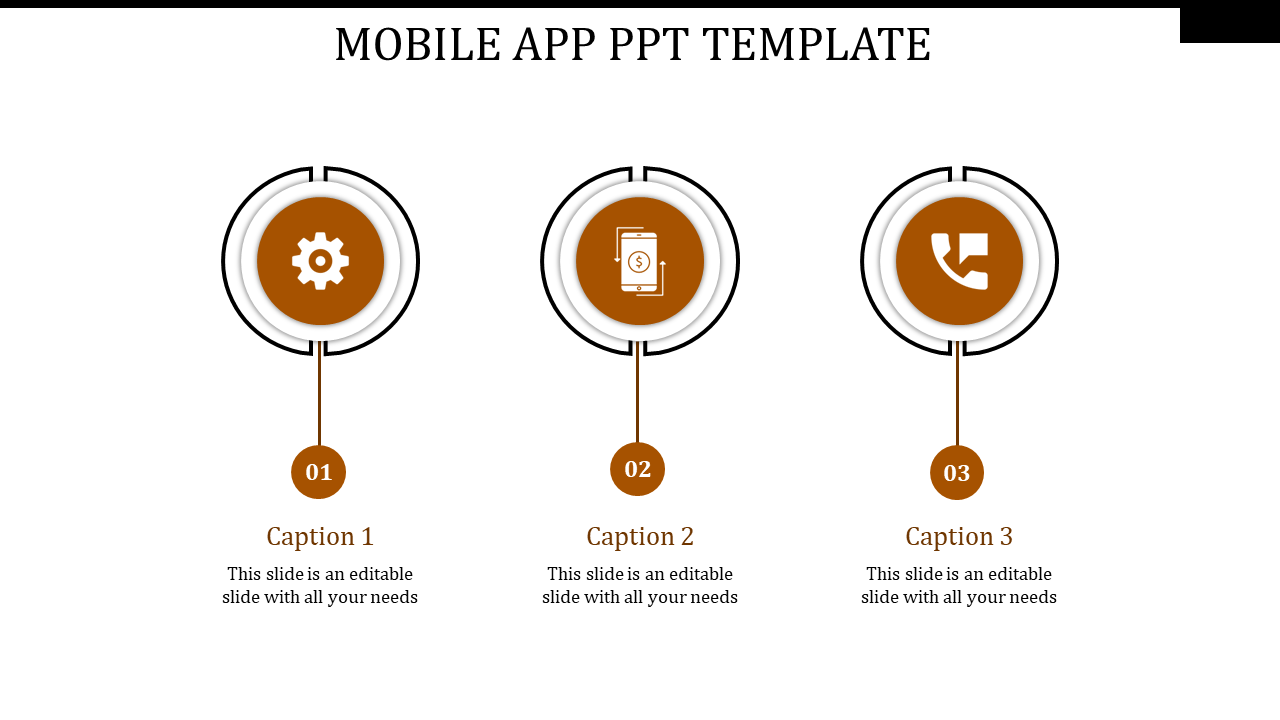 PowerPoint slide showing three icons related to mobile app features settings, mobile payment, and phone calls with captions.