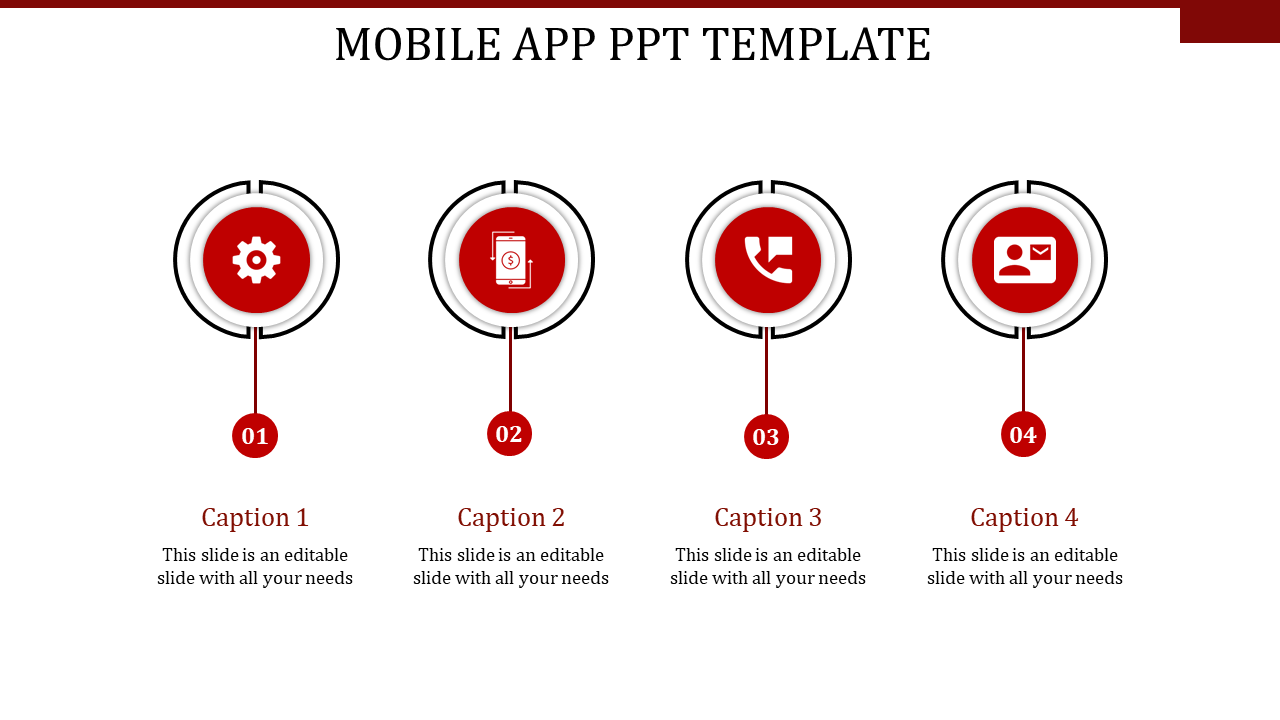 Mobile app template showcasing five red icons gear, dollar on phone, call icon, email profile, and Facebook logo.