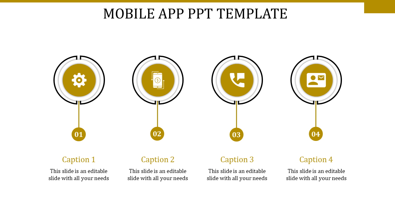 Mobile app-themed slide with four icons gear, phone with dollar sign, phone symbol, and profile icon, each with a numbered label and placeholder text.