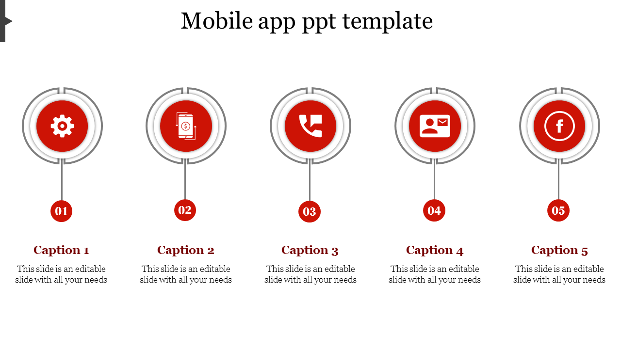 Mobile app PowerPoint template with icons for app features from settings to social media integration with captions.