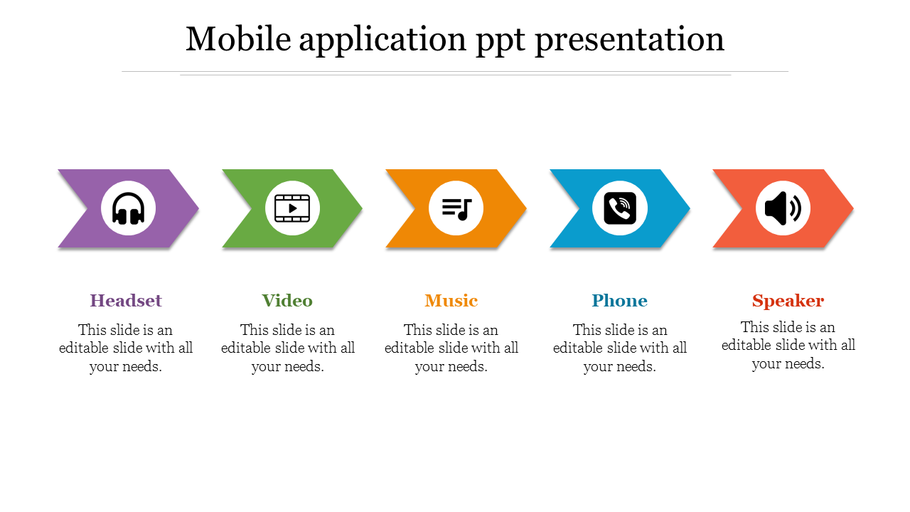 Slide with five icons symbolizing mobile apps on colored arrows, each with caption areas on a white background.