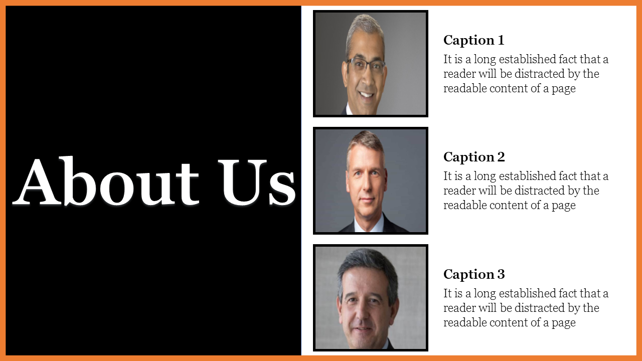 About us slide with a black background and three team member photos with captions on the right, framed in an orange border.