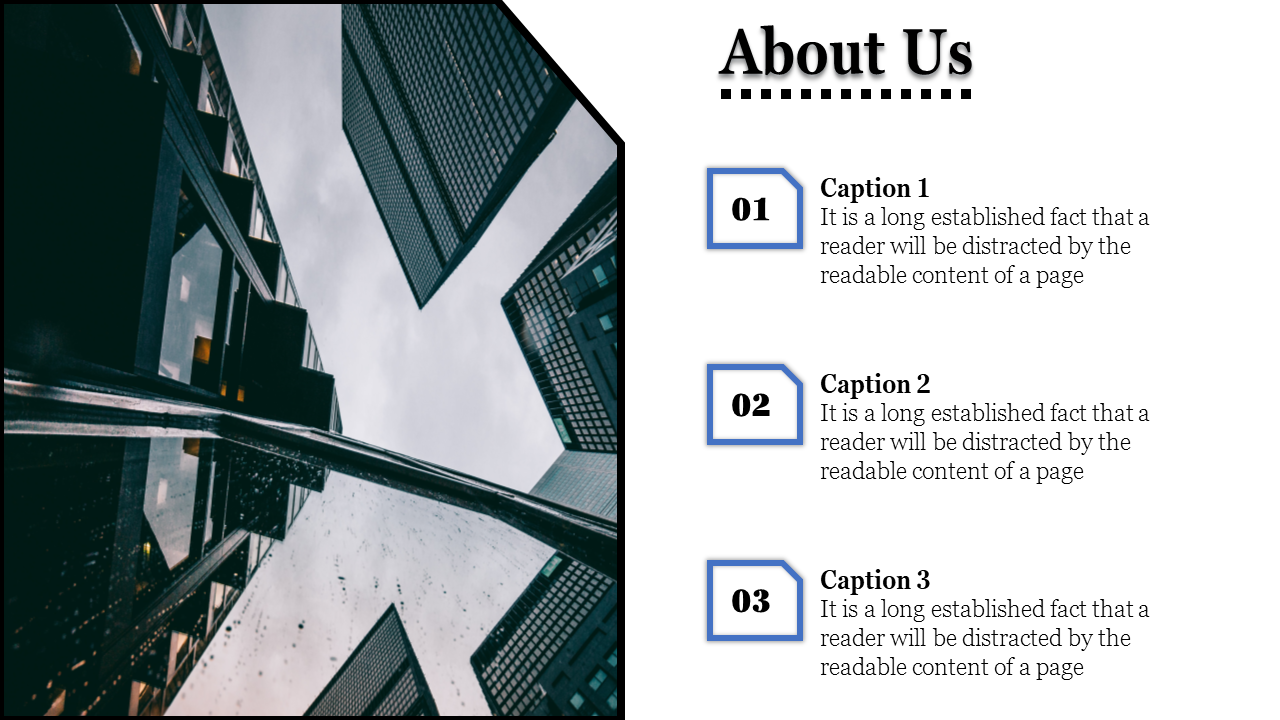 About us slide with a photo of modern skyscrapers on the left and three numbered captions in blue text boxes on the right.