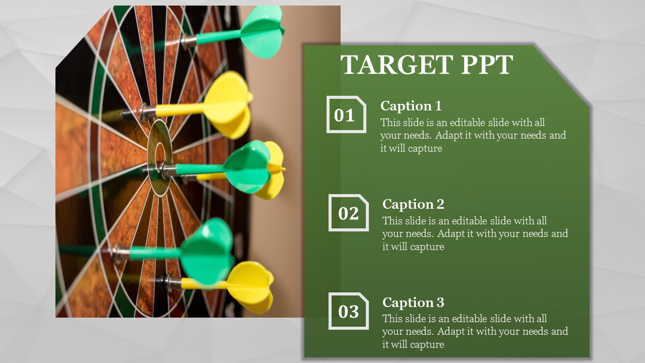 Target concepts featuring a dartboard with green and yellow darts and three numbered caption areas.