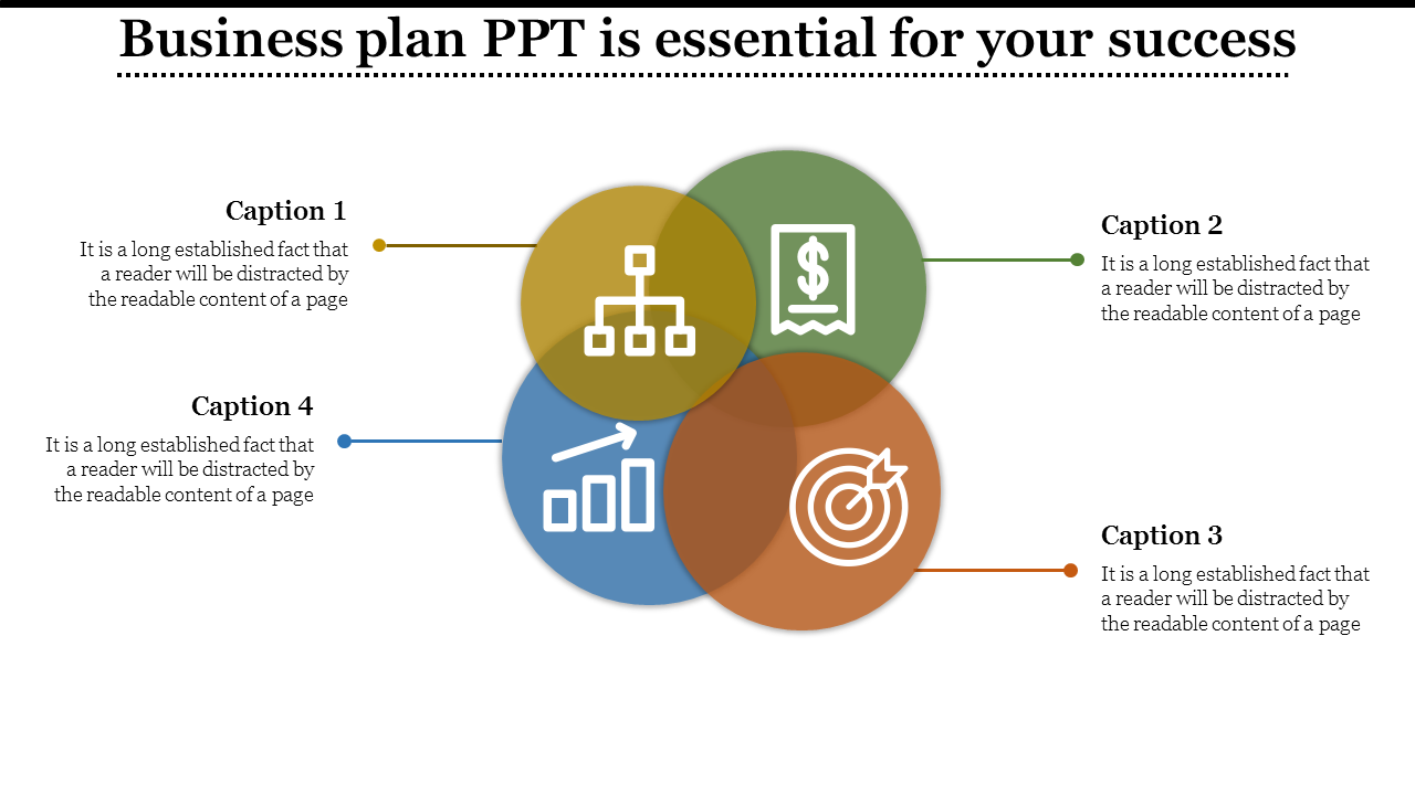 Four-circle Venn diagram with sections, displaying icons for hierarchy, financial document, bar graph, and target.