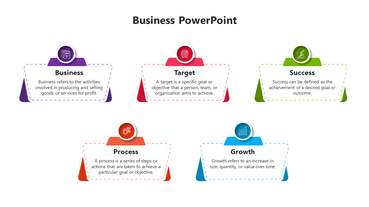 A business PowerPoint slide with colorful icons and descriptions for business, target, success, process, and growth.