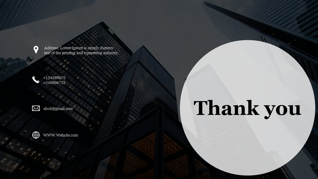 Thank you slide with a background of tall office buildings, contact details on the left, and text on a white circular shape.