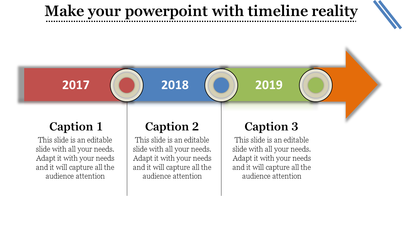 Horizontal timeline with red, blue, and green sections marked 2017, 2018, and 2019, ending with an orange arrow.