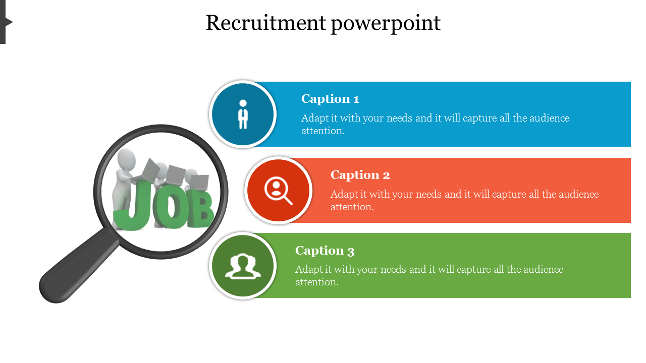 Recruitment slide featuring a magnified job text and three horizontal caption areas and icons representing hiring elements.