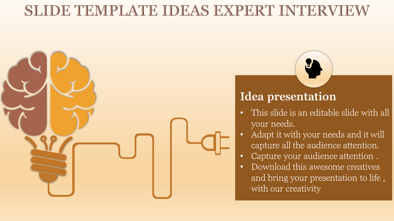 Expert interview template with brain and lightbulb illustration connected to an idea box for expert interview themes.