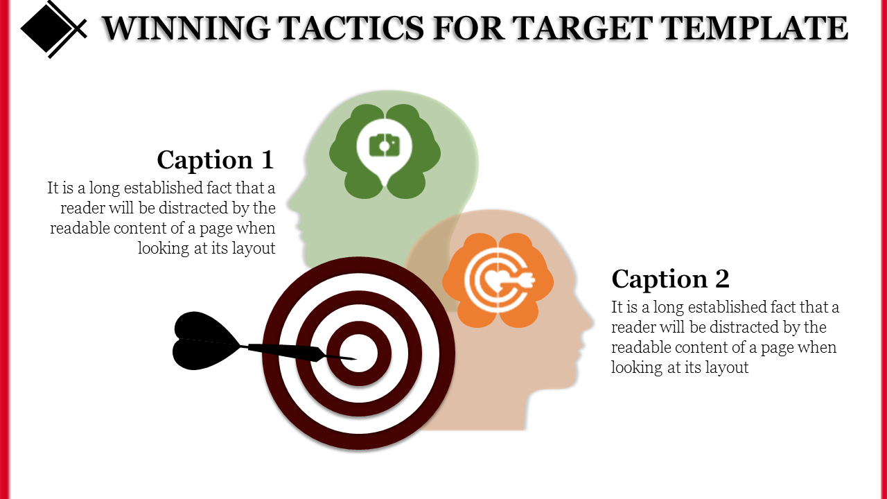 Winning tactics for target template with dart hitting the bullseye, surrounded by illustrated heads with icons.