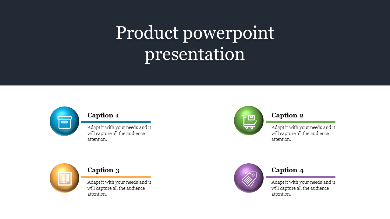 Product PowerPoint template with colorful icons for packaging, shopping, barcodes, and pricing with captions.