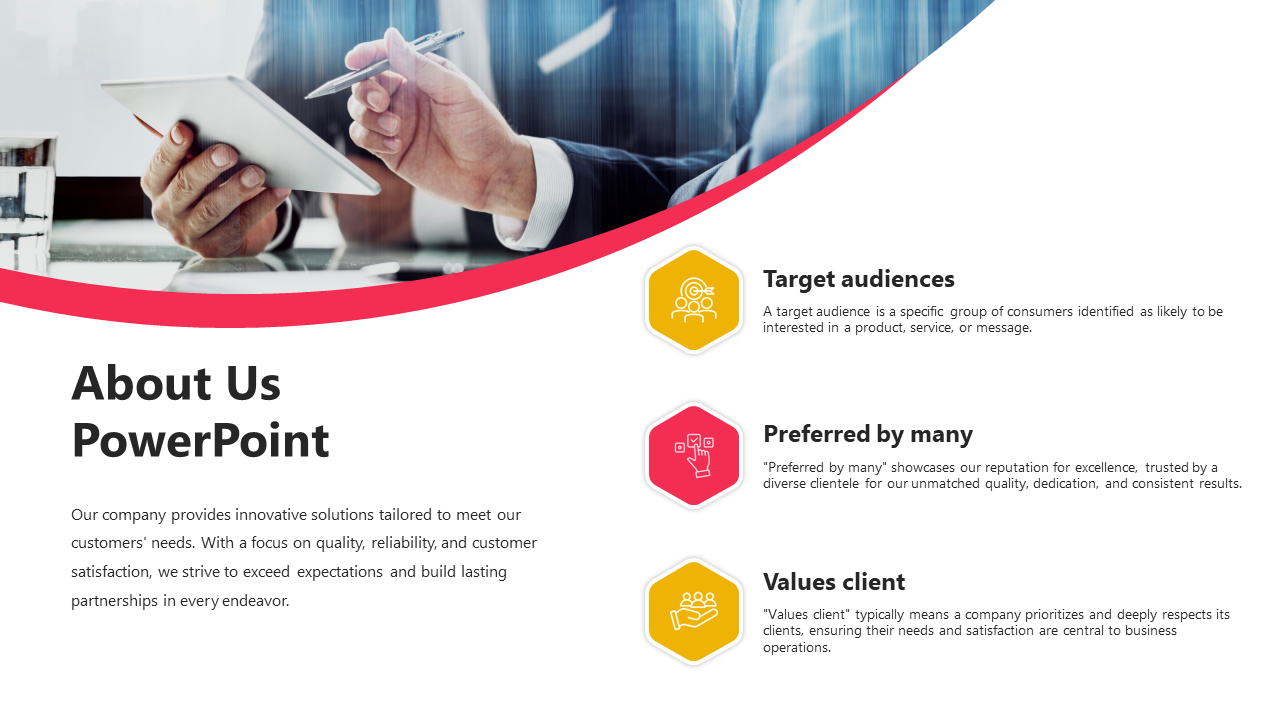 About Us PowerPoint slide with icons for target audience, preference, and client value in a professional business setting.