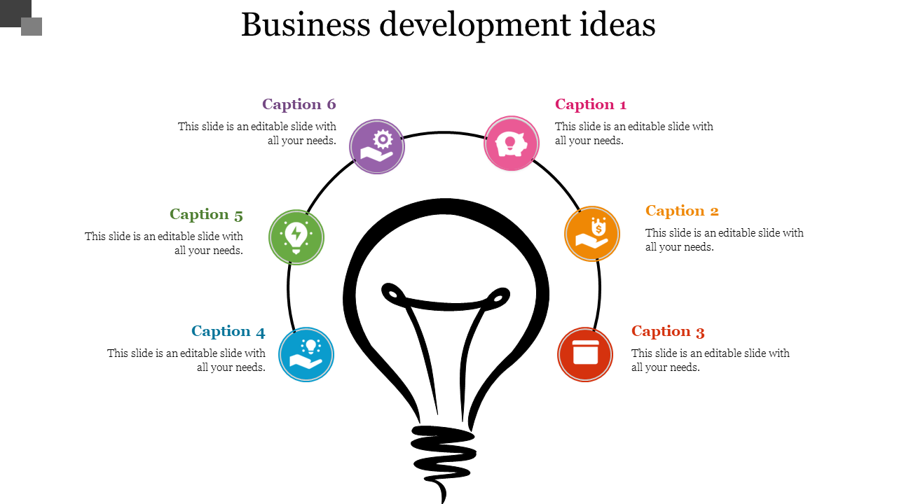 Light bulb graphic surrounded by six circular icons representing business development ideas with placeholder captions.