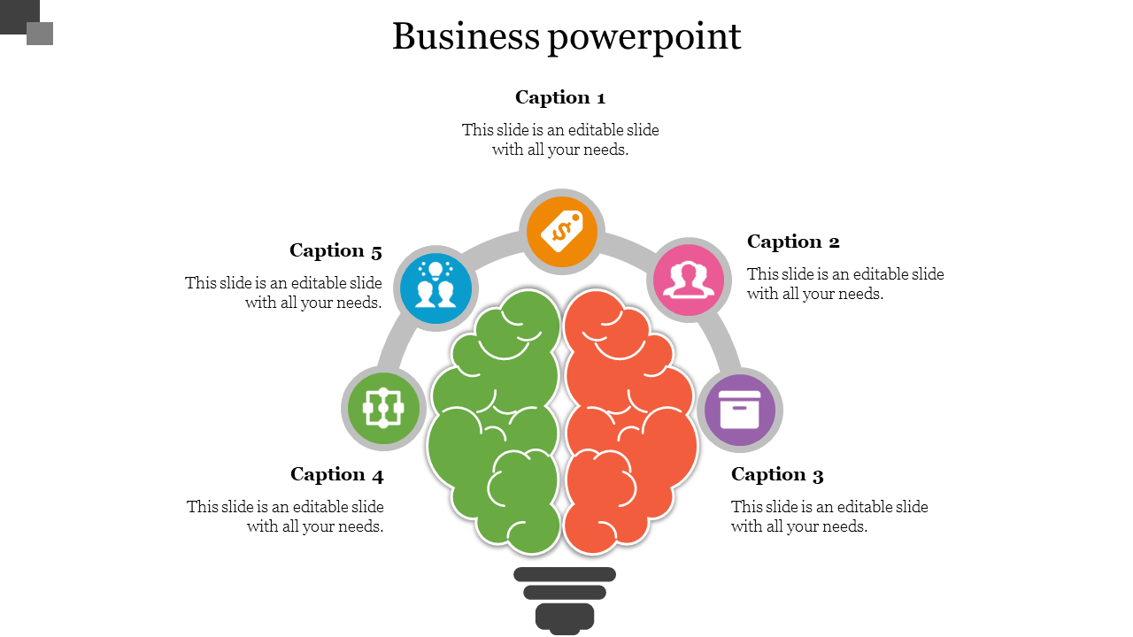 Lightbulb shaped infographic with green and red brain halves, surrounded by five colorful icons and captions.