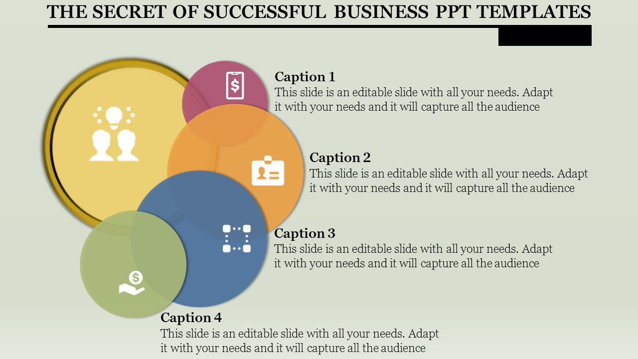 Five overlapping colorful circles with icons and captions, representing elements of a successful business presentation.