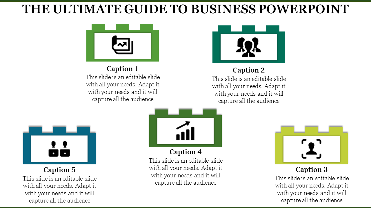 Slide design with five rectangular blocks in green, blue, and yellow containing business icons like graphs and users.