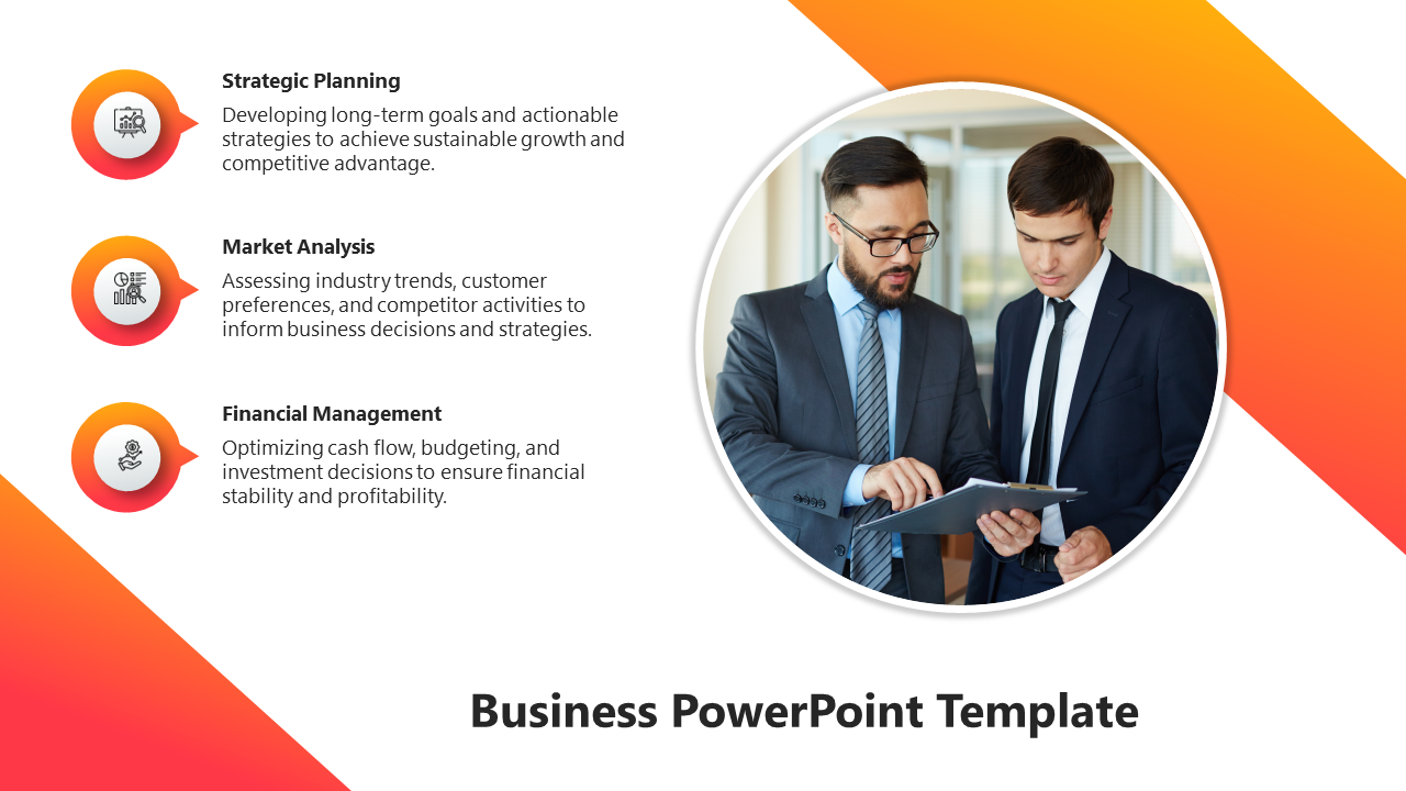 A business PowerPoint slide featuring three key business strategies alongside an image of two professionals.